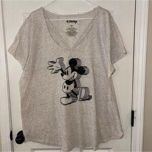 Disney Mickey Mouse Graphic V-Neck T-Shirt – Soft Beige Short Sleeve Casual Tee